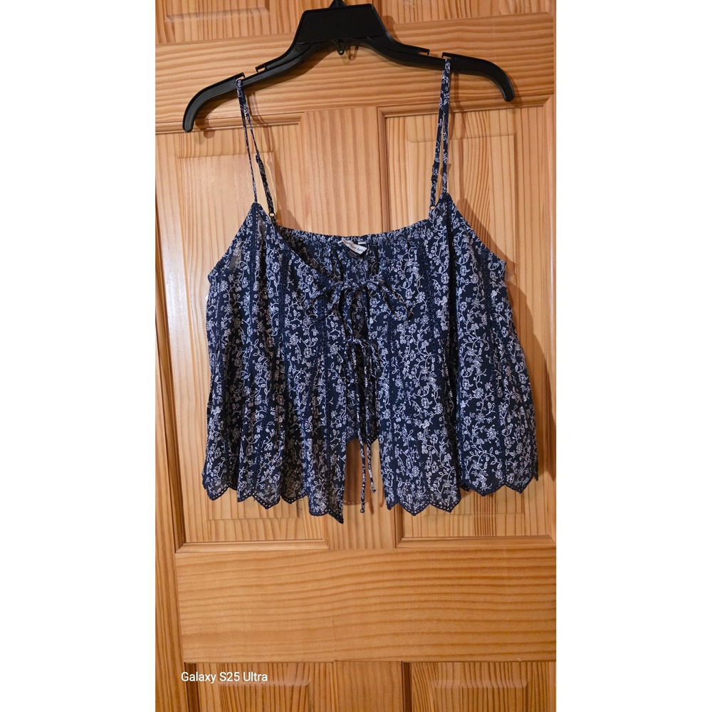 American Eagle Navy Blue Floral Tie Front Cami Top Scallop Hem Medium